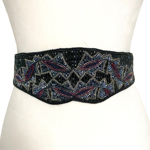 Vintage 80s black, grey, blue & pink beaded belt tie back adjustable cummerbund - Picture 1 of 9